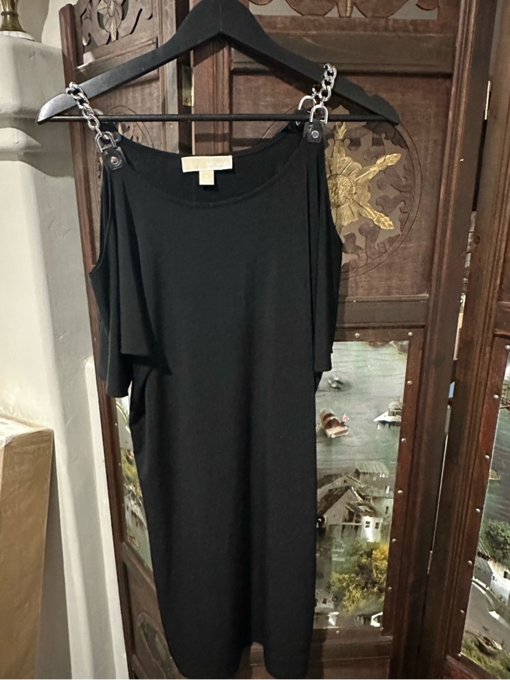 MICHAEL Michael Kors Black One-Shoulder Chain-Trim Dress